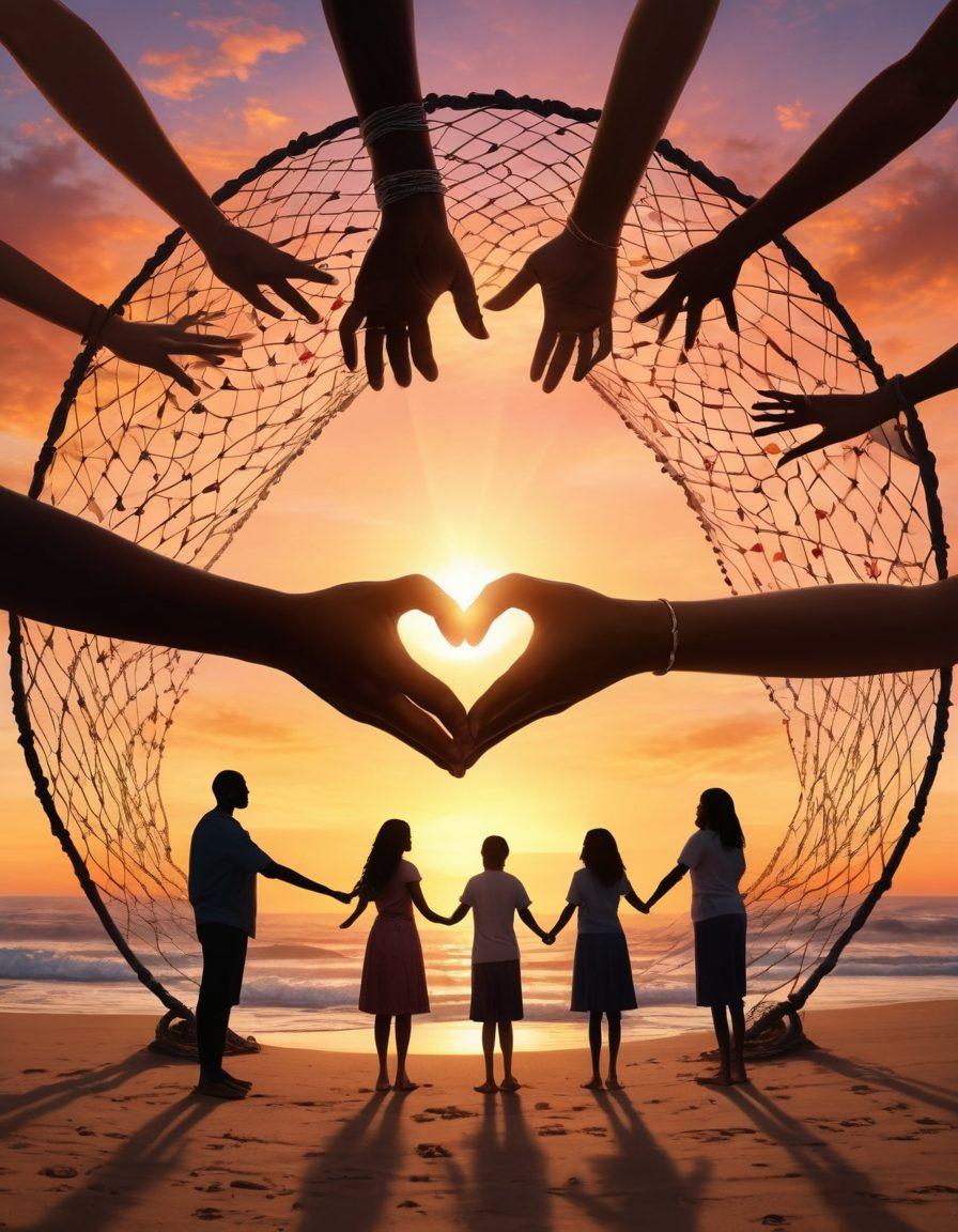 An empowering scene showing diverse survivors holding hands in a circle, surrounded by symbolic representations of support like hearts and safety nets. In the background, a sunrise symbolizes hope and new beginnings, while families of various backgrounds cheer them on, radiating positivity and strength. Incorporate elements of community, resilience, and love throughout. vibrant colors. super-realistic.