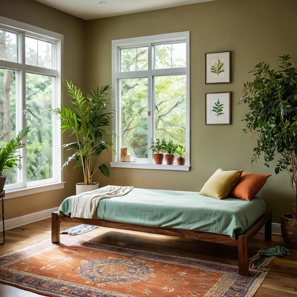 A serene and inviting room filled with natural light, showcasing diverse holistic care practices such as meditation, aromatherapy, and herbal remedies. Include a patient receiving nurturing support from a caregiver, with elements like plants, soft textiles, and calming colors to evoke a sense of healing and well-being. Emphasize warmth and comfort in the scene. super-realistic. vibrant colors. soft lighting.