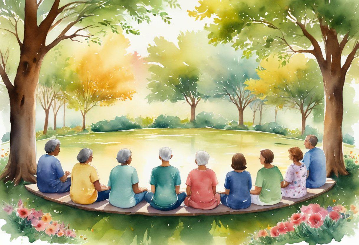 An inspiring scene depicting a diverse group of cancer survivors and patients engaging in a circle, sharing stories and wellness tips. Incorporate elements of nature, like blooming flowers and sunlight filtering through trees, symbolizing hope and healing. Include soft, warm colors to evoke feelings of comfort and strength. Make it feel uplifting and inclusive with individuals of various ages and backgrounds. watercolor painting. vibrant colors. natural setting.